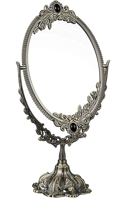 Feyarl Vintage Tabletop Mirror Double Side Rotating Retro Metal Oval Makeup Mirror for Vanity Dressing Table Bedroom