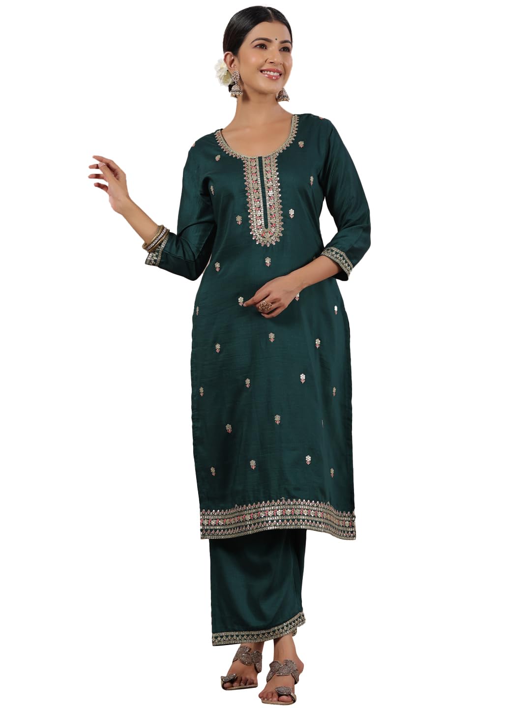 Ishin Women's Teal Green Zari Work Ethnic Motifs Poly Silk Straight Kurta