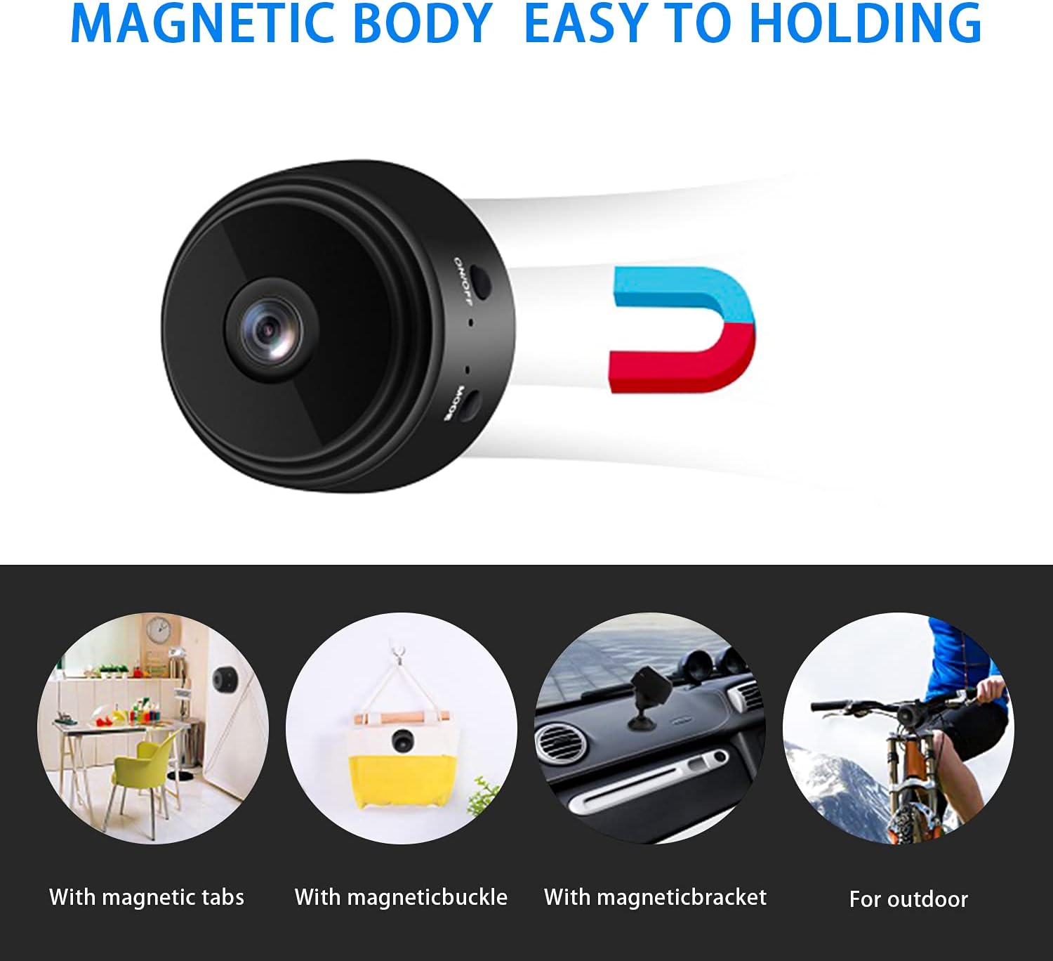 Camera with a magnet, illustrating its magnetic body and various application scenarios like magnetic tabs, buckle, bracket, and outdoor use