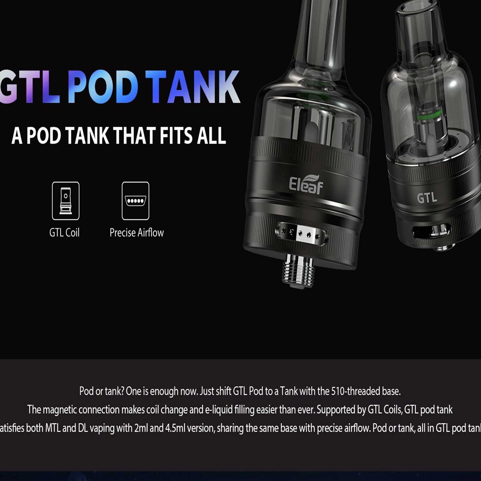 Eleaf GTL Pod Tank 4.5 ml Compatible with all GTL Coils 510 Thread Vape MOD  No Nicotine Free Silver: Amazon.de: Electronics & Photo