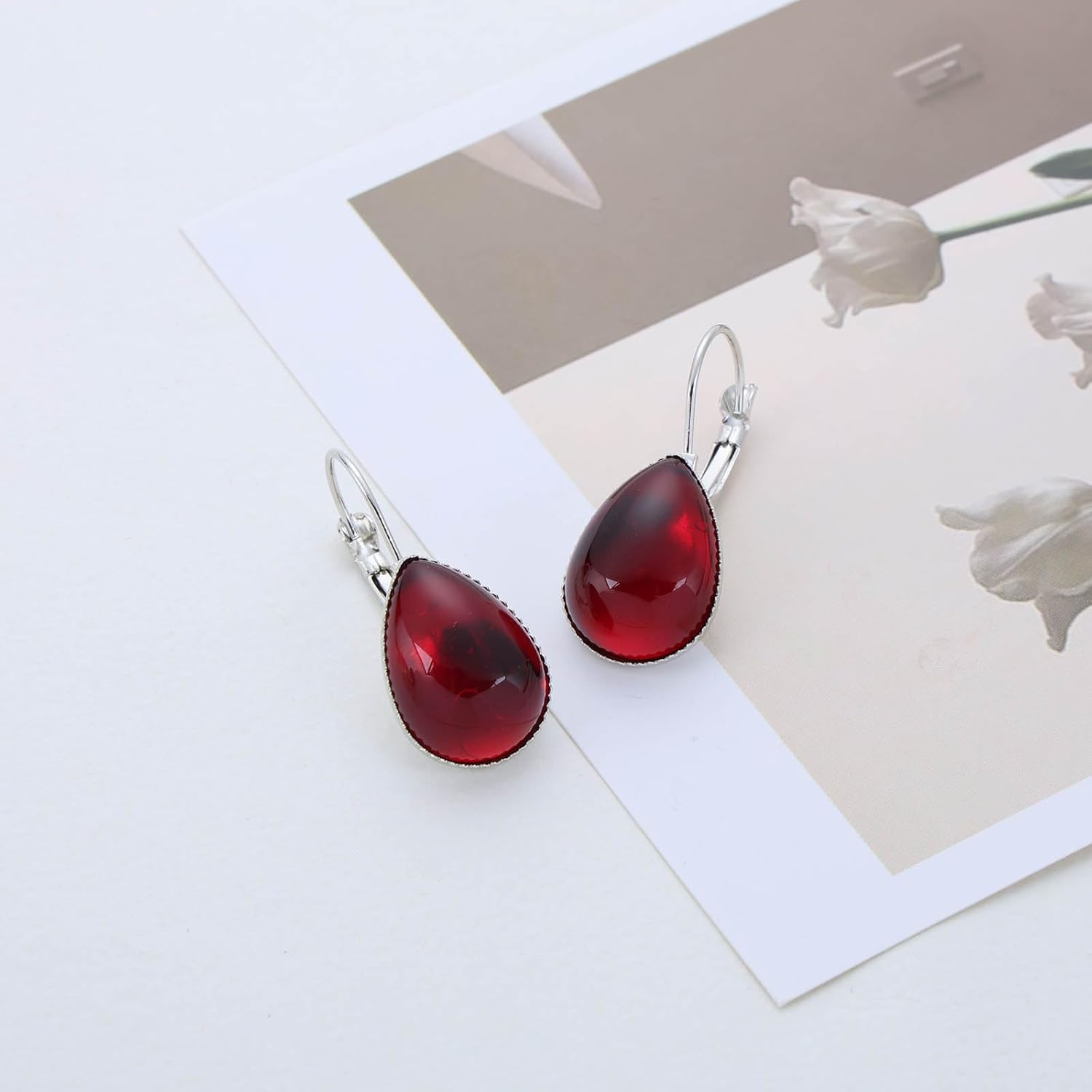 Vintage Teardrop Ruby Drop Earrings Red Teardrop Earrings Ruby Crystal Dangle Earring Waterdrop Red Gemstone Earring Silver Leverback Statement Jewelry for Women - Image 4