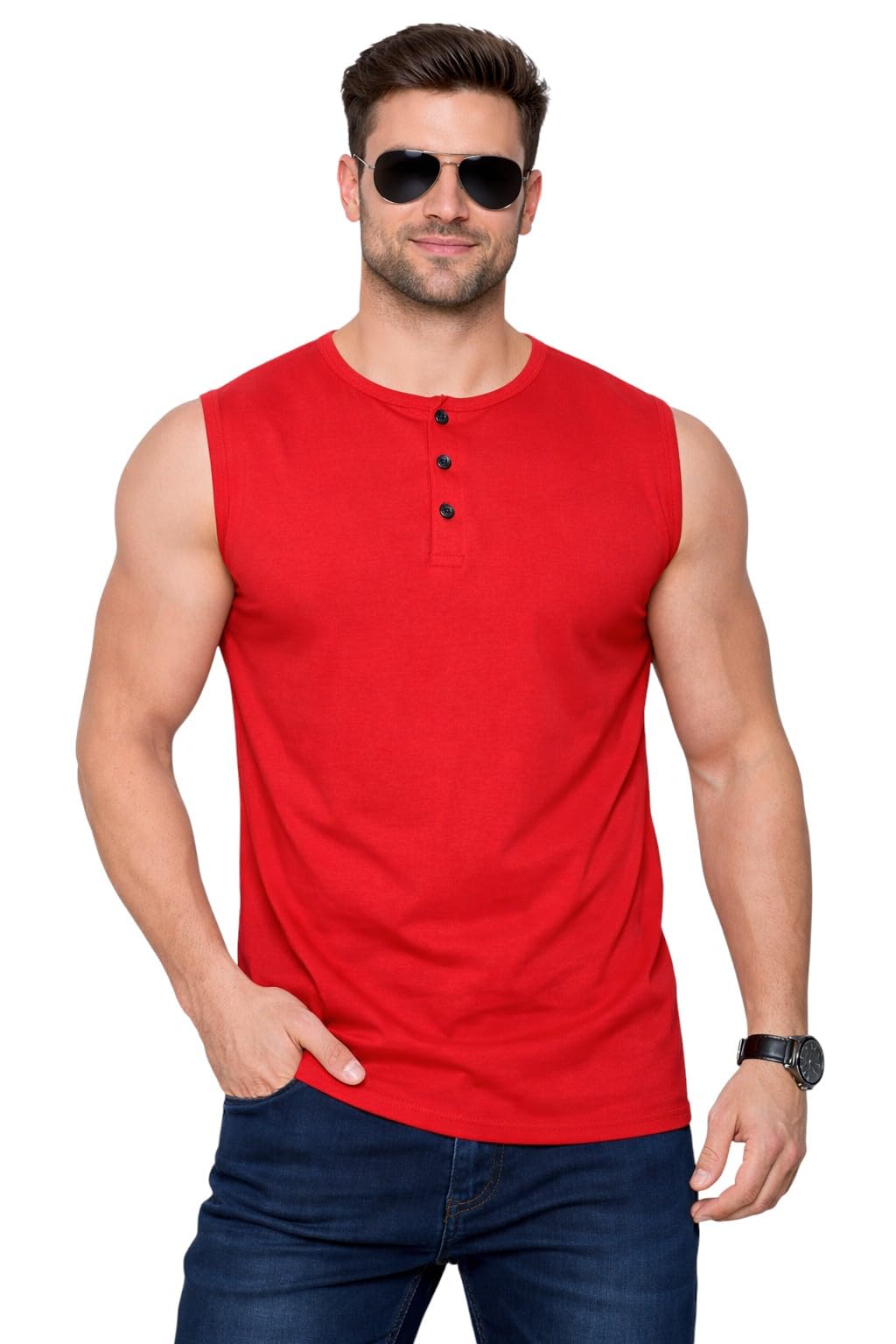 Men's Sleeveless Henley Neck Muscle Fit T-Shirt | Gym Wear & Casual Vest T-Shirt-picture-21