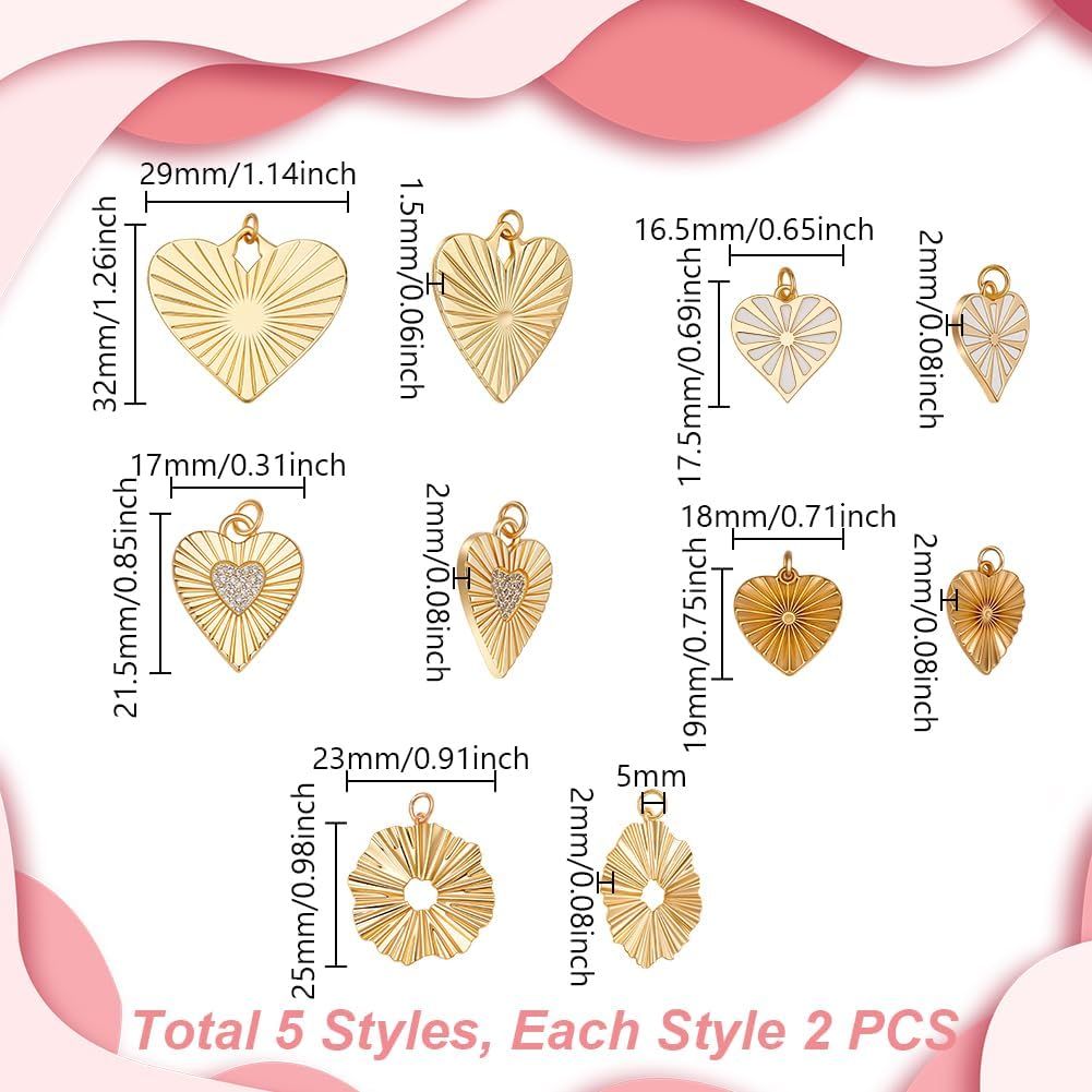 AHANDMAKER 10Pcs 5 Styles Heart Charms, 18K Gold Plated Brass Heart Pendants with Jump Rings Love Pendant Dangle Charm for Jewelry Making Necklaces Bracelets Earrings DIY Crafts Valentine's Gifts - Image 2