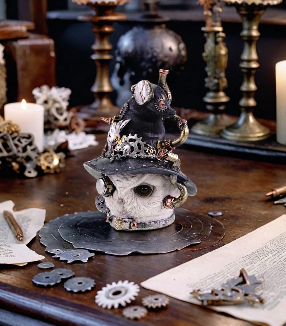Kremers Schatzkiste Duża głowa sowy figurka steampunk, ręcznie malowana 20 x 17 cm, statuetka z żywicy poliestrowej z mechanicznymi detalami, dekoracja wnętrz, rzeźba do dekoracji domu i pomysł na