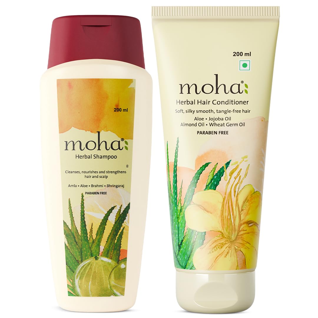 moha: Herbal Hair Shampoo | Mild Shampoo For All Hair Types 200 ml And Herbal Hair Conditioner For Men & Women 200 Ml | silky smooth hair, Jojoba Oil, Almond Oil (Shampoo and Hair Conditioner Combo)