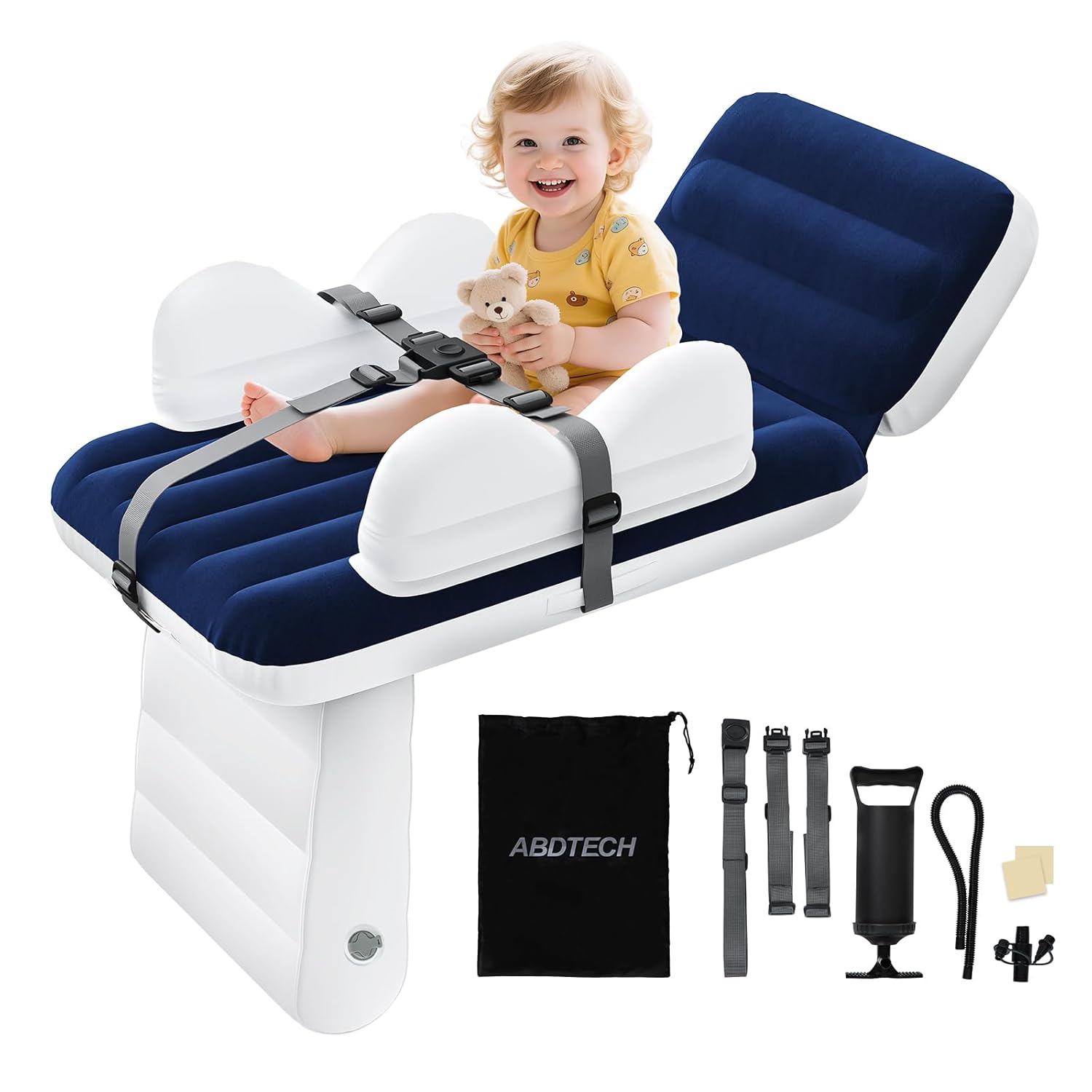 Inflatable Toddler Airplane Bed:Airplane Seat Extender for Kids, Inflatable Baby Air Mattress with Cup Holder & Seat Belt, Plane Bed for Travel Essentials Blue