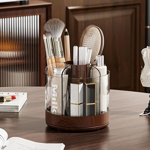Miniatura 2 de Soporte para brochas de maquillaje giratorio de 360° con 6 ranuras de almacenamiento de múltiples compartimentos, organizador giratorio acrílico