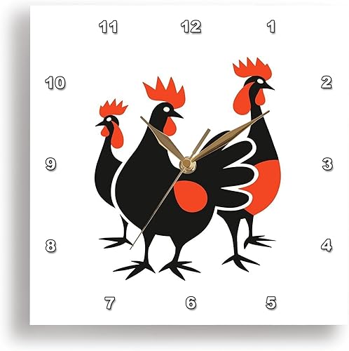 3dRose, Three French Hens Retro Mid-Century Cut-Out in Red Black and White, 10x10 Wall Clock