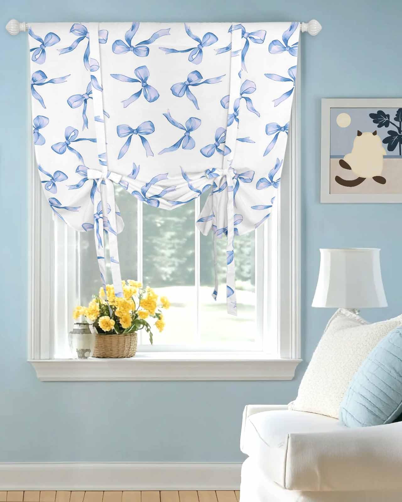 Tie Up Curtains for Windows Classic Watercolor Blue Bow Rod Pocket Tie-Up Window Shade Adjustable Balloon Curtain Valance Retro Bow-Knot Art for Bedroom Kitchen Bathroom Blinds,42x45in