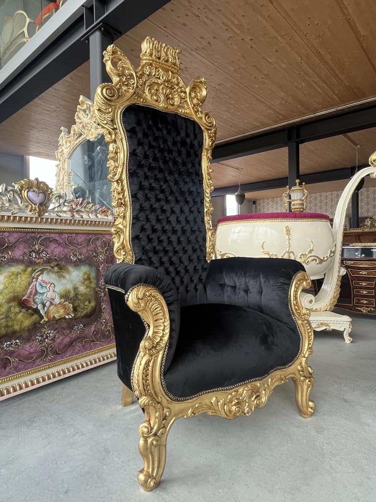 CasAmin Home & Living Sillón gigante con corona dorada, trono de terciopelo negro con mechones de pelo en estilo barroco con acabado dorado para decoración comercial como decoración de fiestas y
