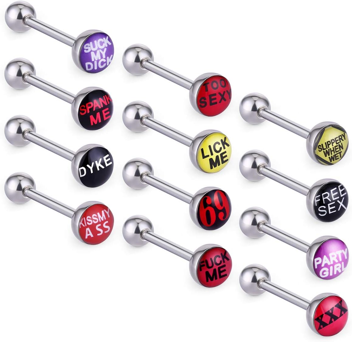 COTTVOTT Novelty Letter Stainless Steel Tongue Rings Body Piercing Jewelry Barbells(12pcs mix)