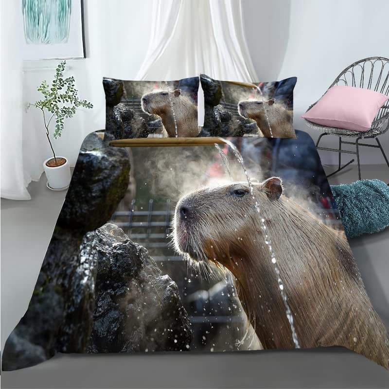 Housse de couette 240x260 Capybara grise anti-glissement avec zip pratique