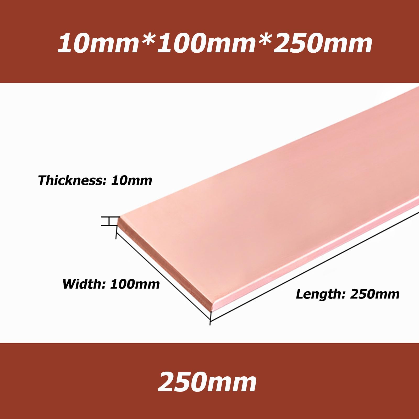Barra Plana de Cobre T2 99,9%, Tira de Cobre 250mm para Soldadura, Puesta a Tierra Eléctrica, Manualidades,10 * 100 * 250mm