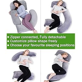 AS AWESLING 60in Full Body Pillow | Nursing, Maternity and Pregnancy Pillow | Extra Large U Shape Pillows with Detachable Side, Separate Support Pillow and Removable Cover (Velvet and Jersey Grey)