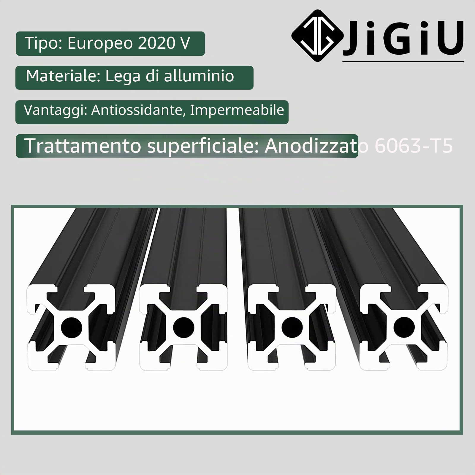 JiGiU 9 profili in alluminio con slot a V, 1000 mm, 2020, secondo lo standard europeo 6063-T5, superficie anodizzata, 20 x 20 V, tipo 6 mm, guida lineare per stampante 3D fai da te, macchine CNC (nero