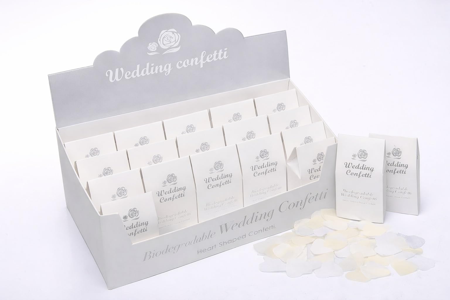 20 Silver/White Wedding Confetti Boxes Biodegradable Paper Confetti Silver White Display Box