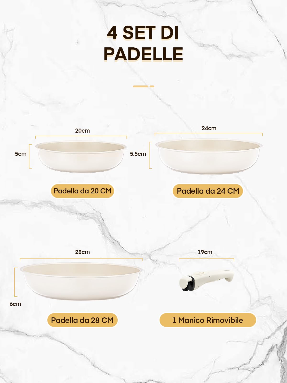 FOHERE Padelle Antiaderenti con Manico Removibile, Set 3 Padelle Ceramica | 20/24/28 CM Padelle Induzione Per Tutti I Piani Cottura, Lavabile in Lavastoviglie e Forno, Alluminio