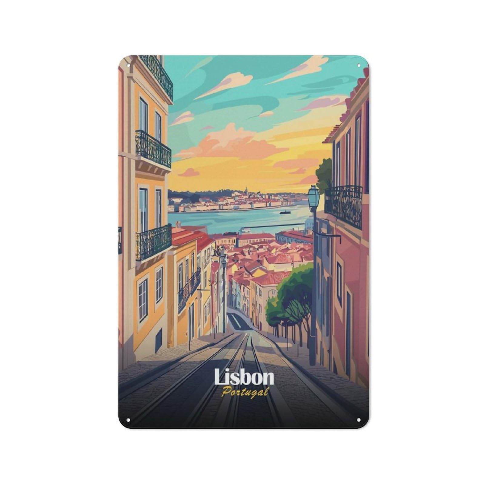 Lisbon Cityscape Clean Industrial Metal Wall Decor 30x20cm, Decorative Metal Plaque for Workspace, Cafe, Hallway Or Garage