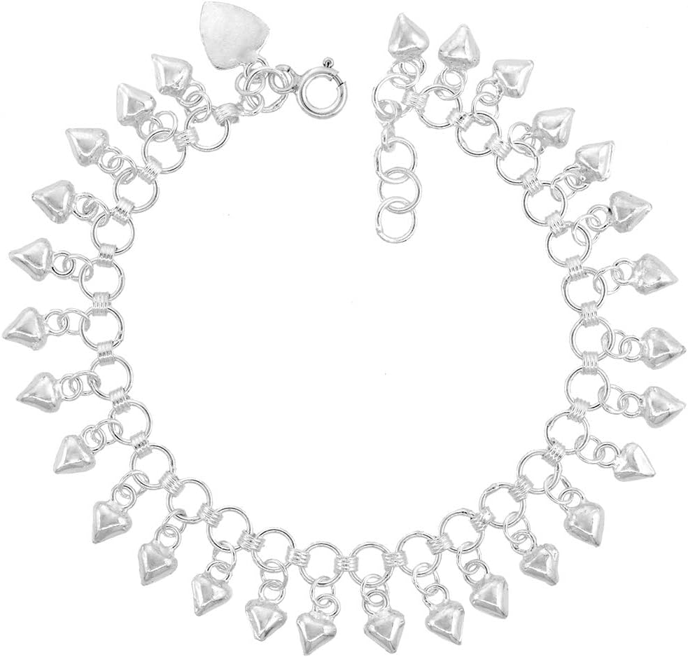 Sterling Silver Dangling Teeny Hearts Anklet for Women 13mm drop fits 9-10 inch ankles