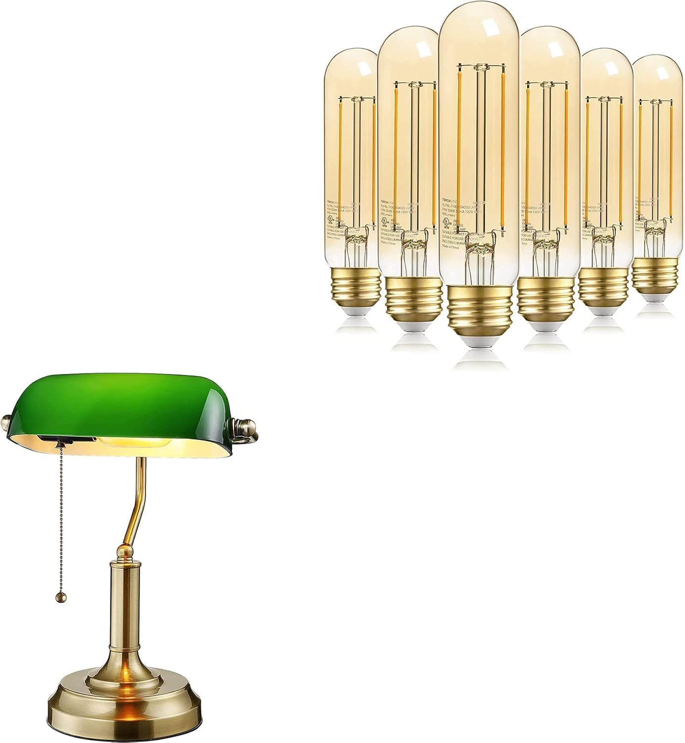 TORCHSTAR Green Glass Bankers Desk Lamp, UL Listed, E26 Base, Vintage Desk Lamp for Office Bundle 6-Pack Tubular LED Bulb, T10 Vintage Light Bulb Dimmable, UL Listed, Amber Glass, E26 Base, 2200K