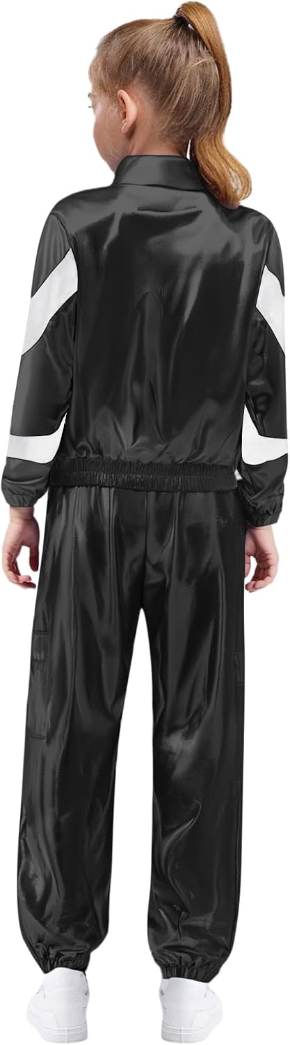 Boys Girls Hip Hop Street Dance Outfits Kids Metallic Long Sleeve Bomber Jacket and Dance Pants Set Tracksuit