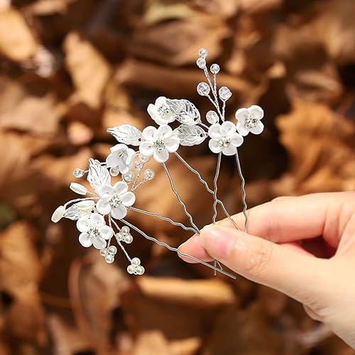 Miniatura 2 de Unicra Alfileres de pelo de novia de plata con diseño de flores de novia, tocado de perlas y diamantes de imitación, accesorios para el cabello para