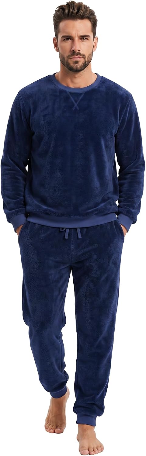 Vulcanodon Mens Fleece Pajama Set Soft Plush Long Sleeve Sleepwear Crew Neck Pjs Warm Winter Loungewear with Pockets S-XXL
