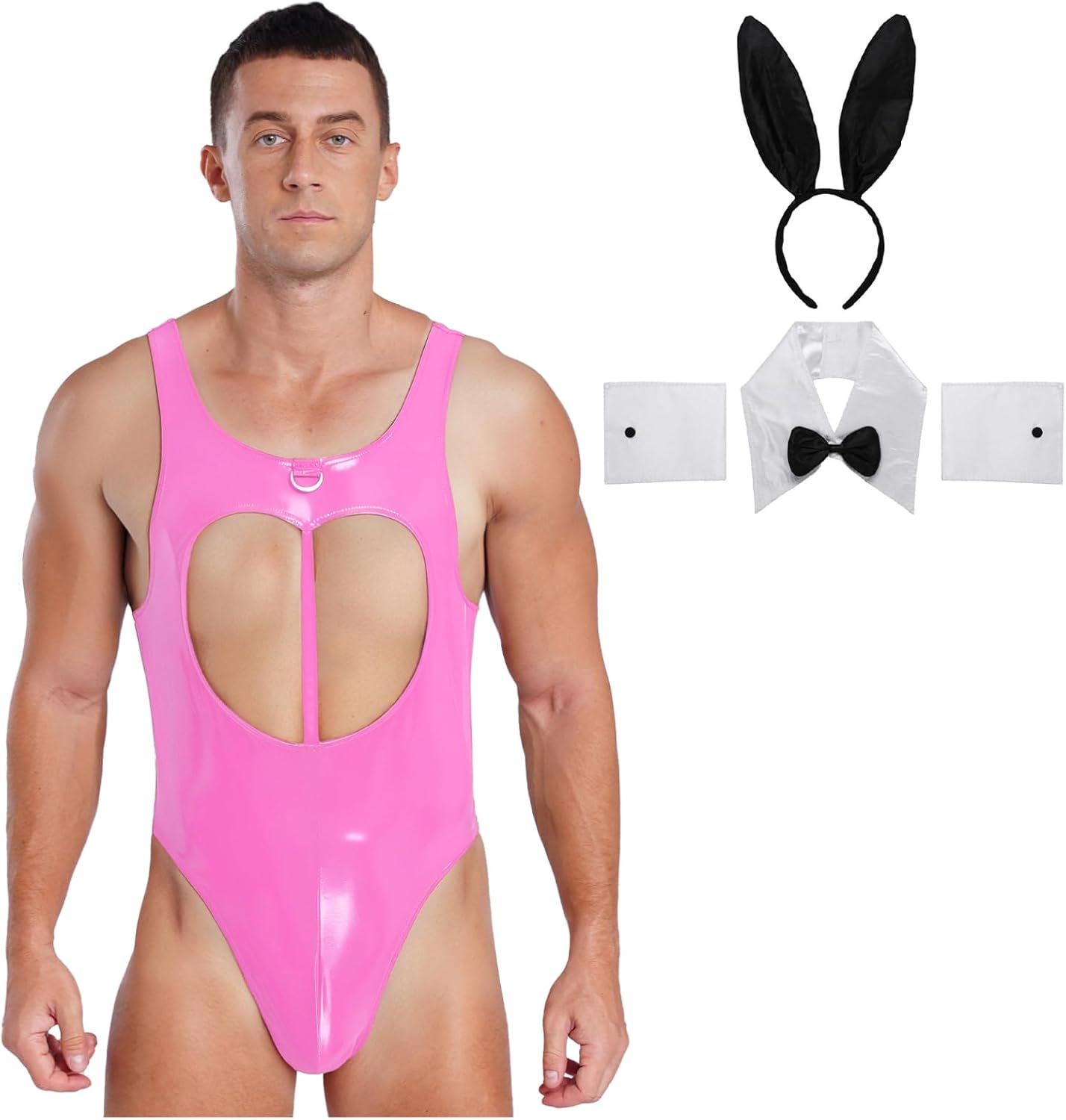 Mens 4 Piece Sissy Thong Leotard Bodysuit PVC Leather Latex Suit for Halloween Clubwear