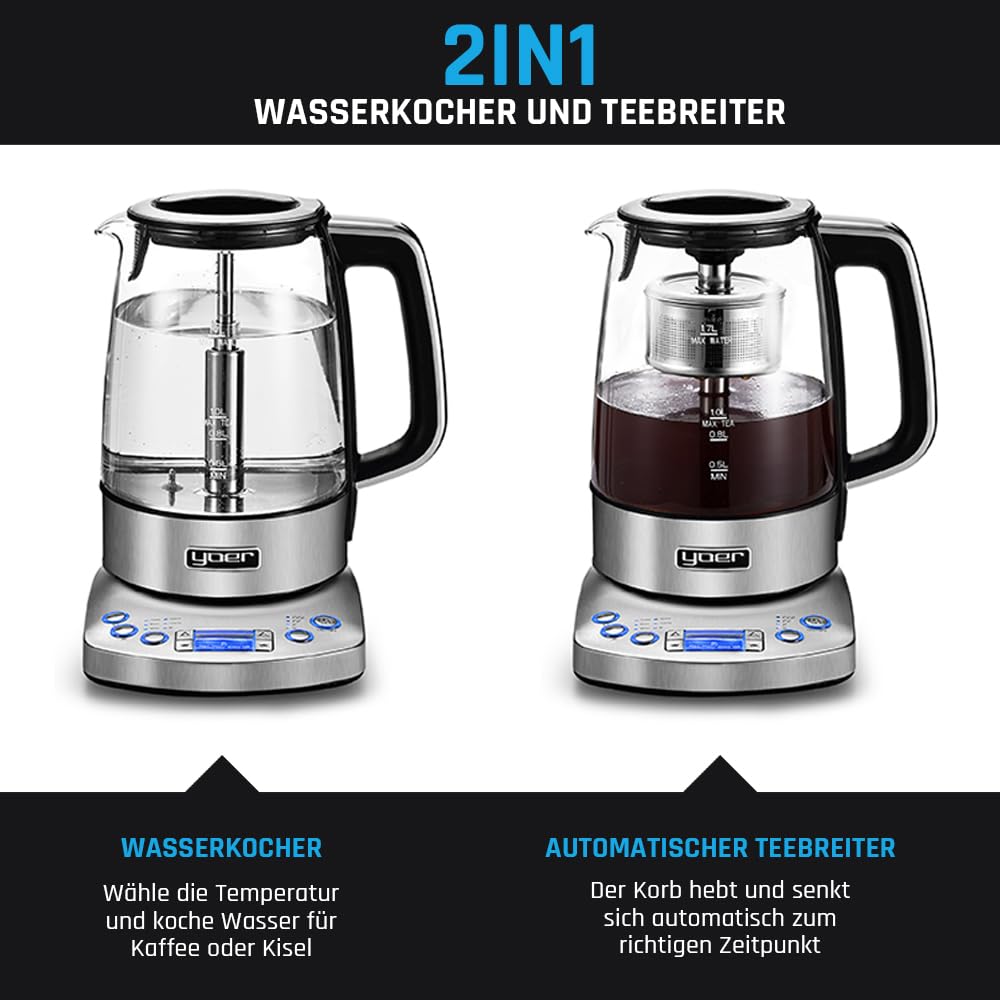Yoer Elektrischer Wasserkocher, 2200W, Teesieb, 1,7 L, Automatisch