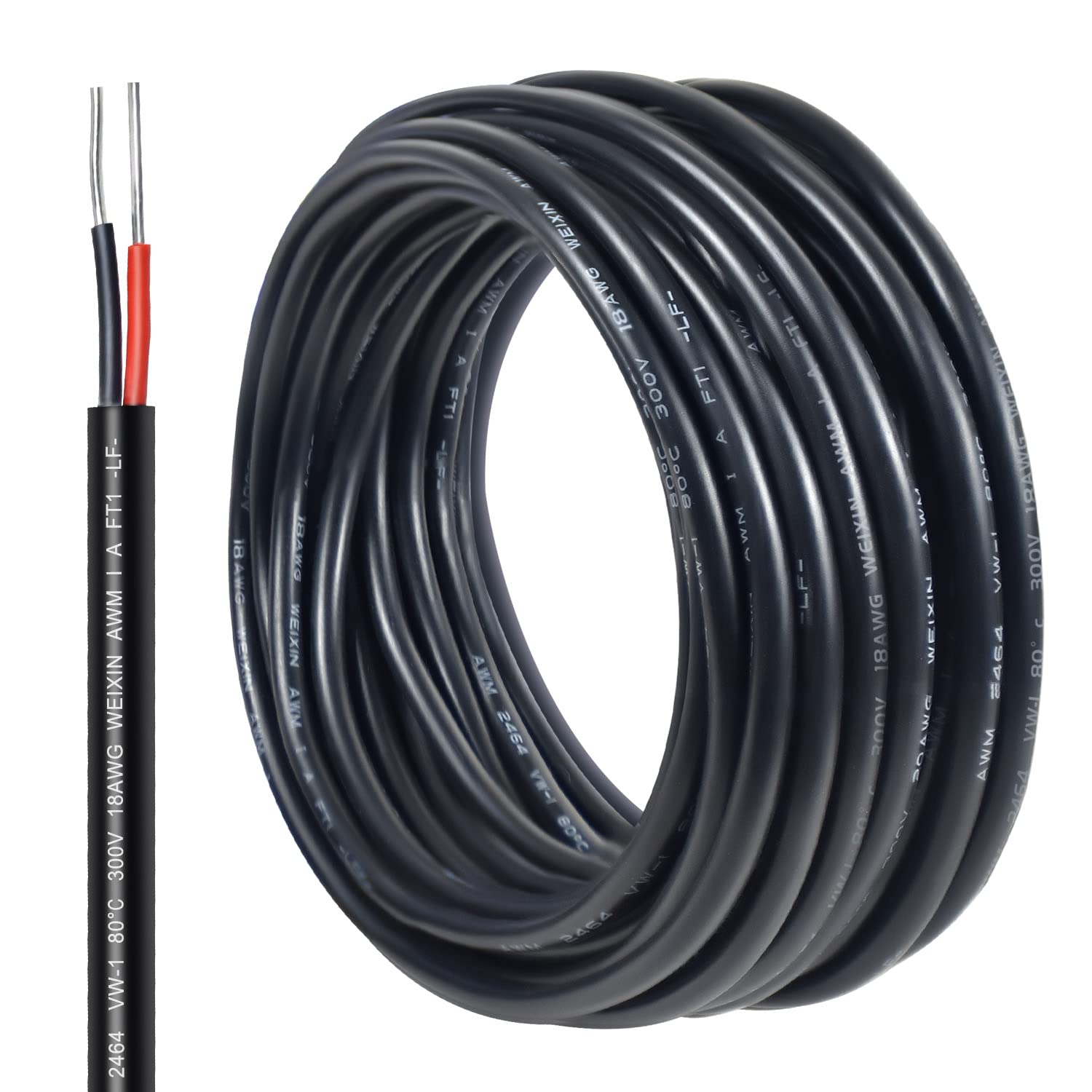 18 Gauge 2 Core Wire Solid Single Strand PVC Red & Black Wire Tinned Copper Cable Insulated Single Strand Cable for Automotive LED Lighting Outdoor，Marine Solar Extension Cord UL Listed