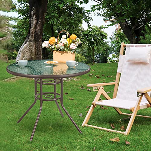 35.4"Outdoor Bistro Table Round Patio Dining Table Coffee Table Side Table With Umbrella Hole, Outdoor Indoor Banquet Furniture With Metal Frame And Glass Top For Garden Backyard Porch Lawn Deck,Brown #TOP1