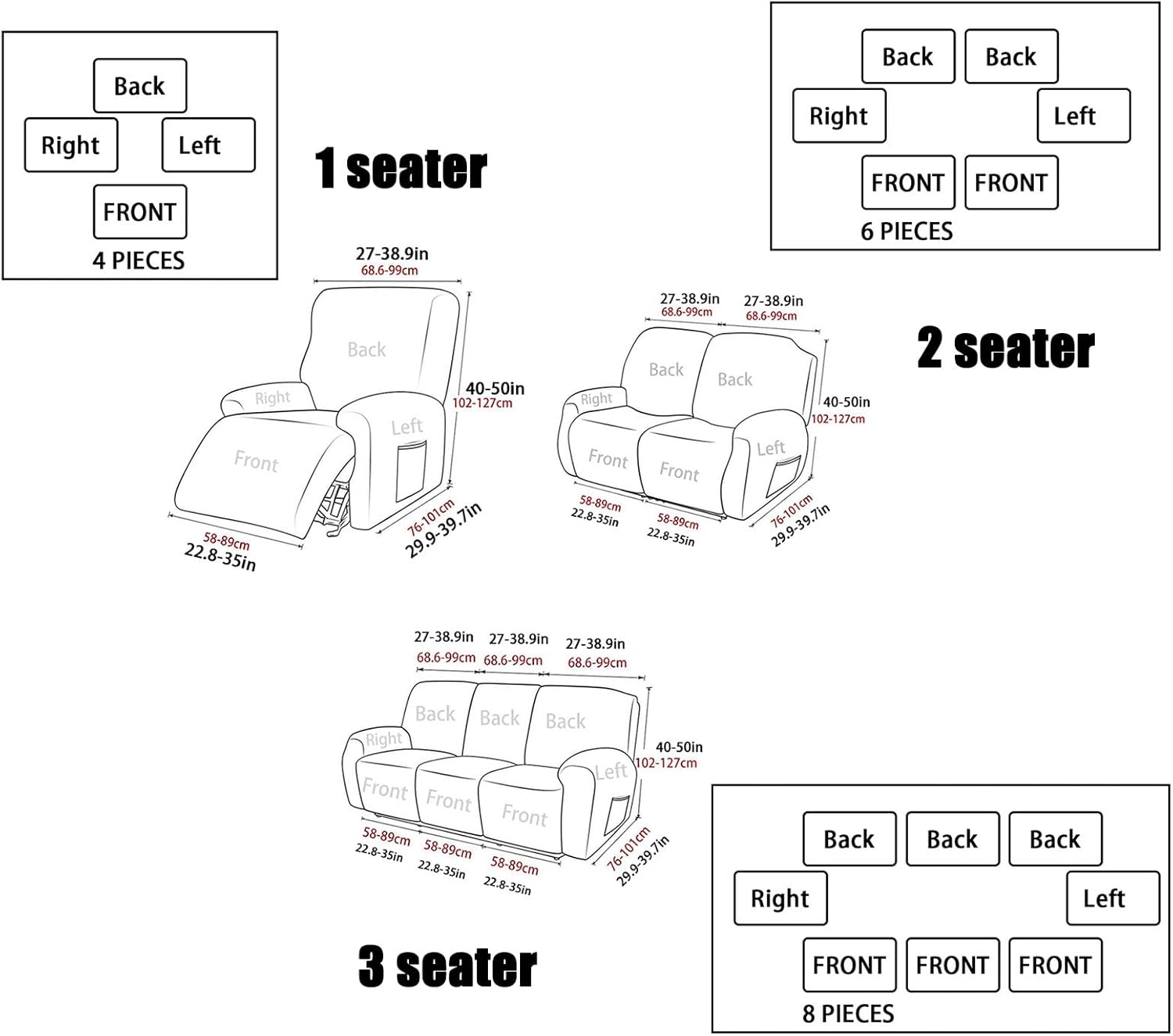 4 Pieces Waterproof Recliner Chair Covers Stretch Recliner Slipcover for Chair with Storage Pocket Sofa Covers for Small Recliners,Brown,2 Seater