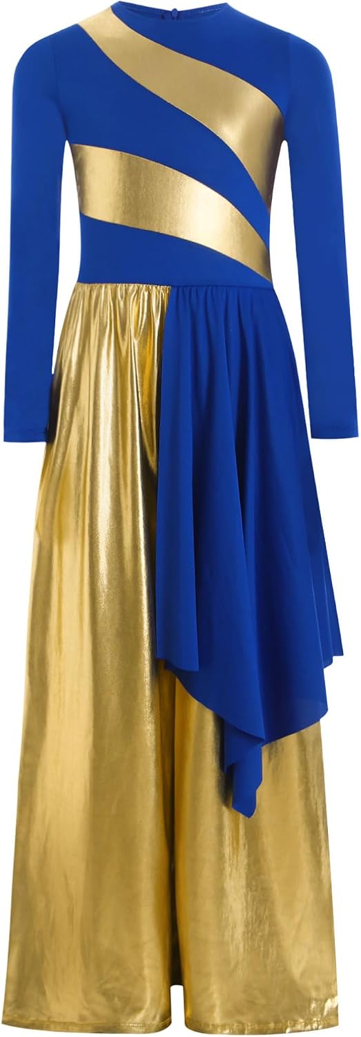 ranrann Kids Girls Long Sleeve Praise Dance Outfit Dress Lyrical Worship Dress Church Robe Metallic Wide-Leg Jumpsuit