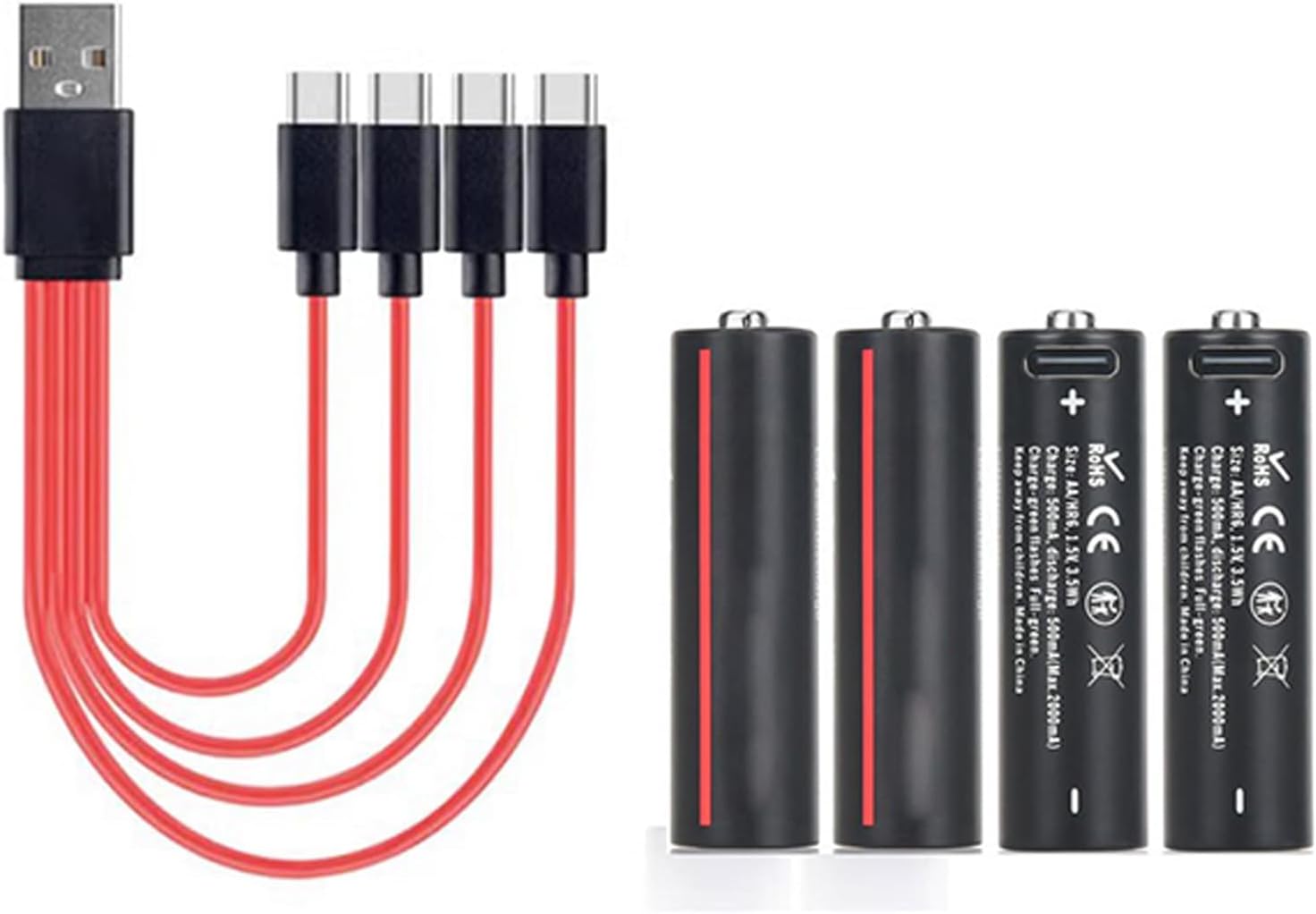 Rechargeable AA Batteries for Household Devices, 1.5V Type-C Battery Pack with 4 Cells and 1-to-4 Cable for Keyboard, Flashlight, and Radio Use