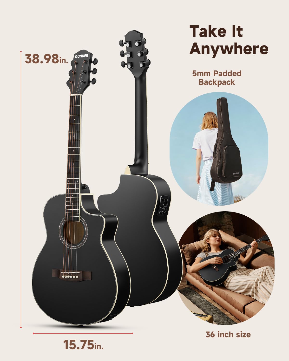 Donner Voyager - Kit per chitarra acustica elettrica JF Cutaway 3/4 con pickup e accordatore integrati, equalizzatore a 3 bande, kit di chitarra portatile da viaggio con custodia, capotasto, tracolla