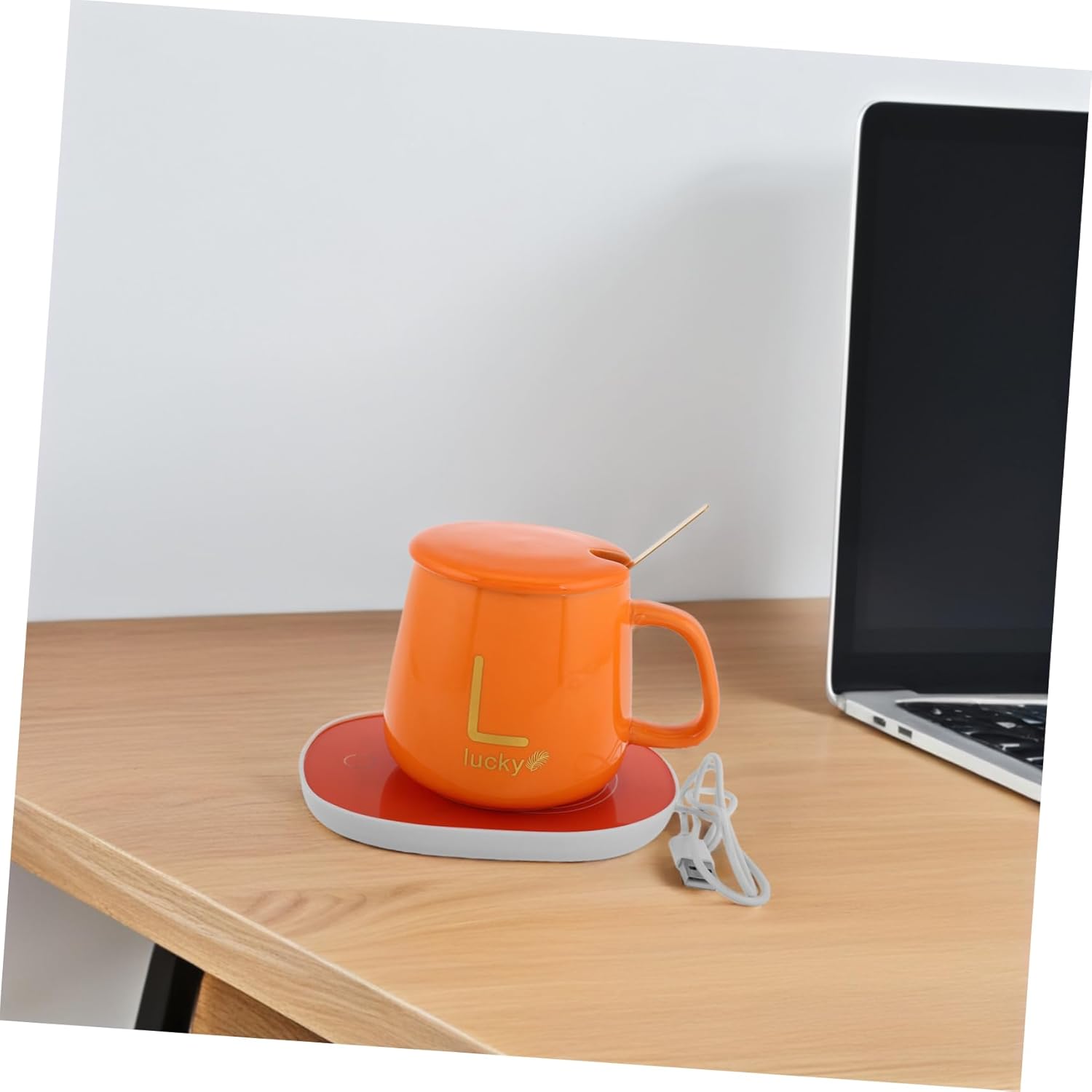 Mikinona 1set Electric Coffee Warmer Mug Set Auto Shut Off Ergonomic Design for Hot Drinks USB Heated Cup Lid Spoon for Home Office
