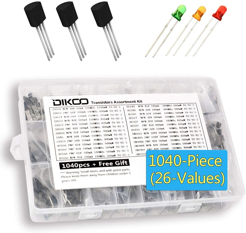 1040Pcs Transistors kit,26 Values 2N2222-S9018/BC327-BC558 NPN PNP Power Terminals Transistors Assortment Kit