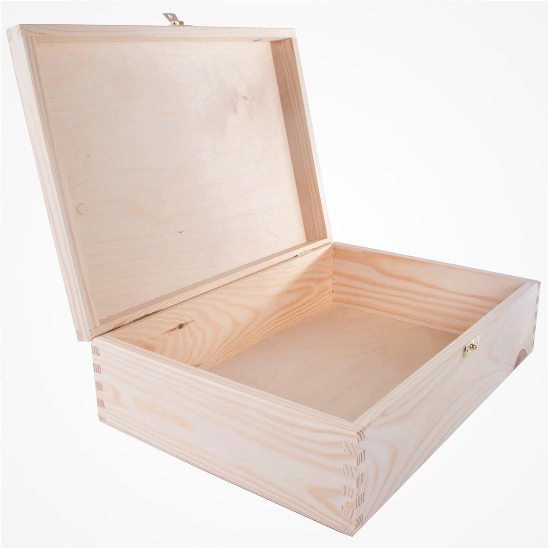 蓋と金属製の留め金付き木製ボックス | 35 x 25 x 10 cm | A4 ファイル 書類収納 | 未塗装&未処理 プレーン 装飾 松材 クラフトデコパージュ用