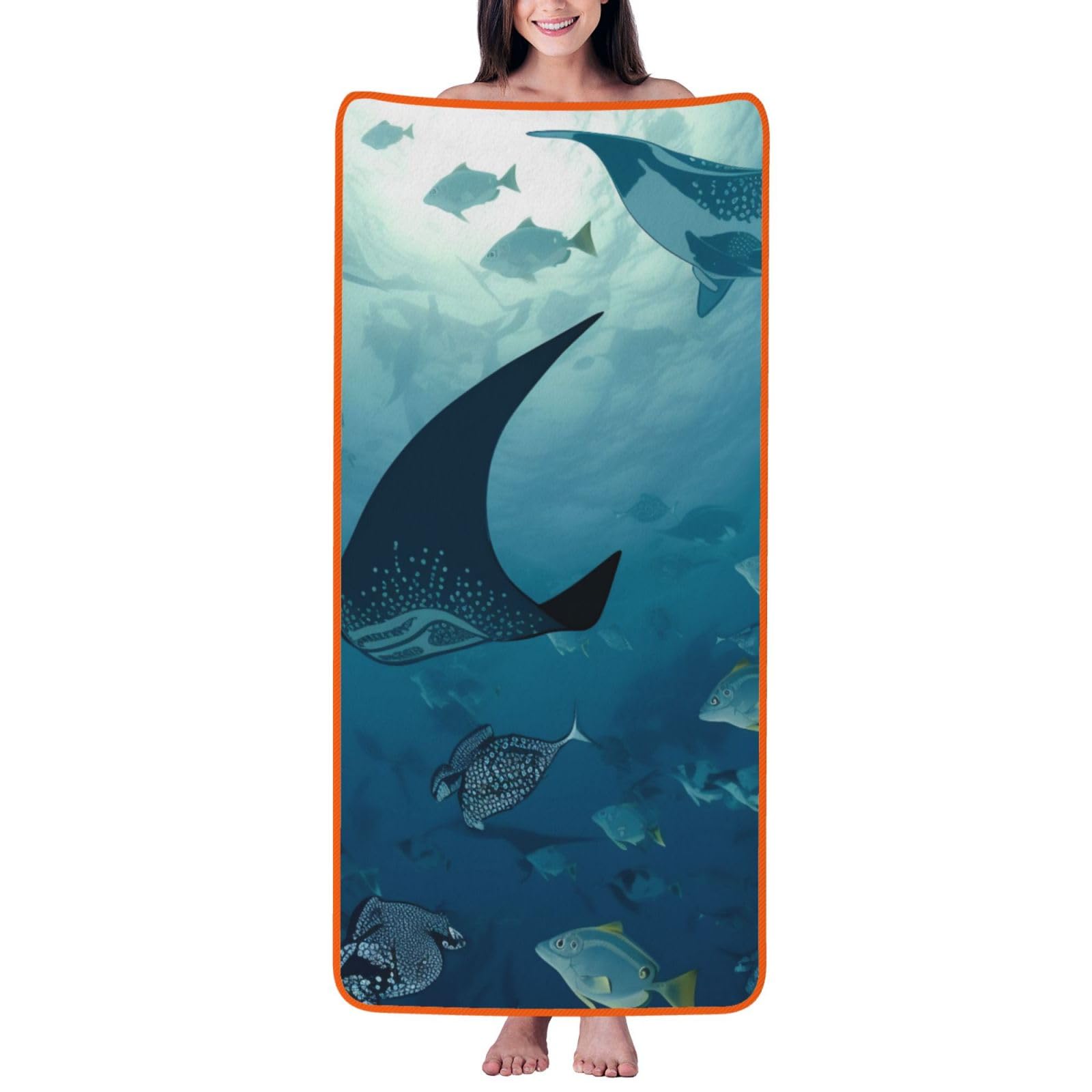 WPKJU Manta Ray and Fish Printed Bath Towel with Orange Edging - 27x55 in Soft Extra Absorbent Coral Velvet Shower Towels for Bathroom