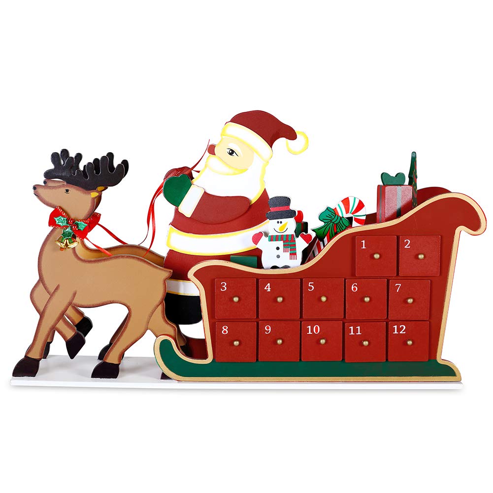 Bakaji Calendrier de l'Avent de Noël en bois avec 24 tiroirs numérotés pour surprise, décorations de Noël, maison (sange Père Noël)