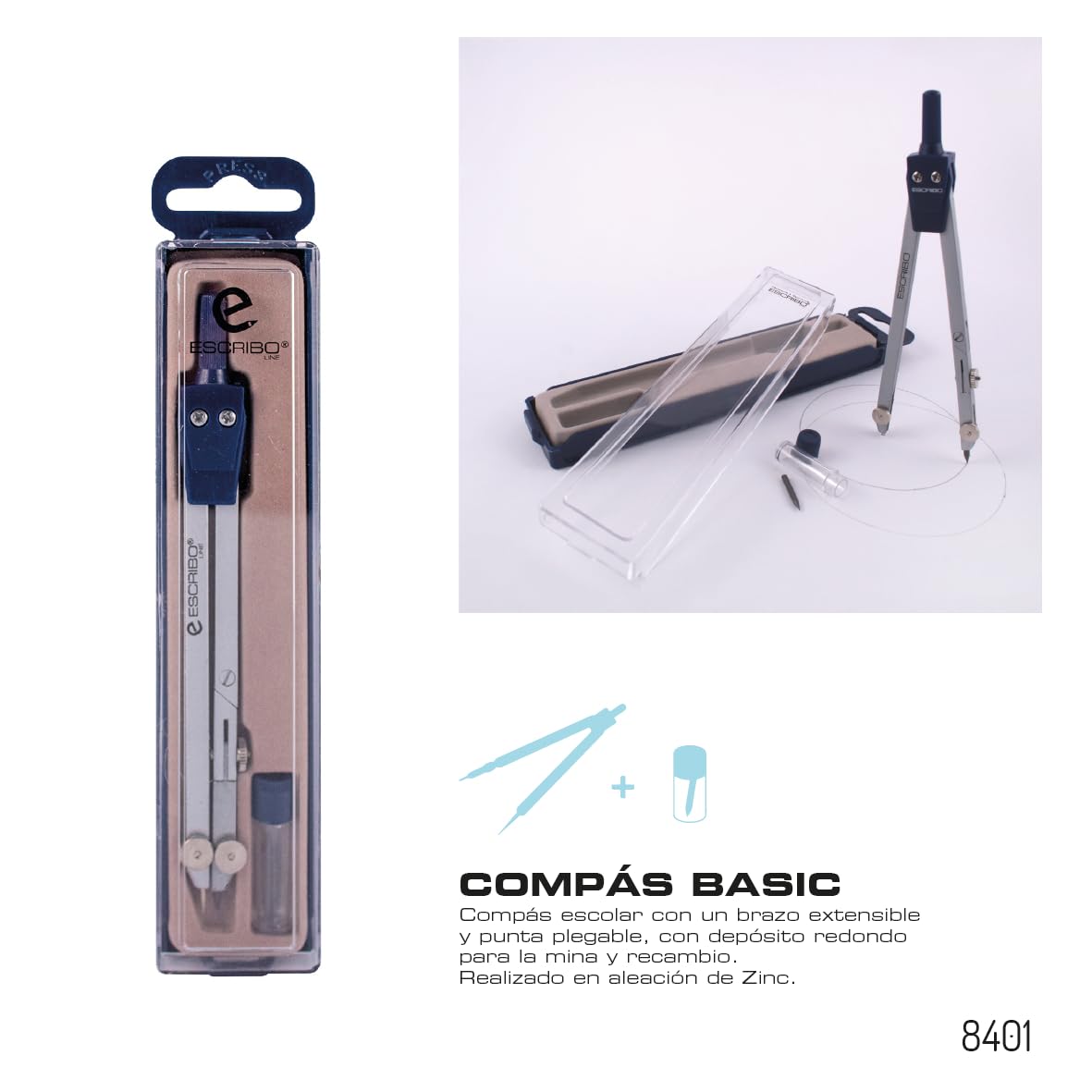 2 Packs de Compás Escolar - Con Brazo Extensible y Punta Plegable - Con Depósito Redondo para la Mina y Recambio.