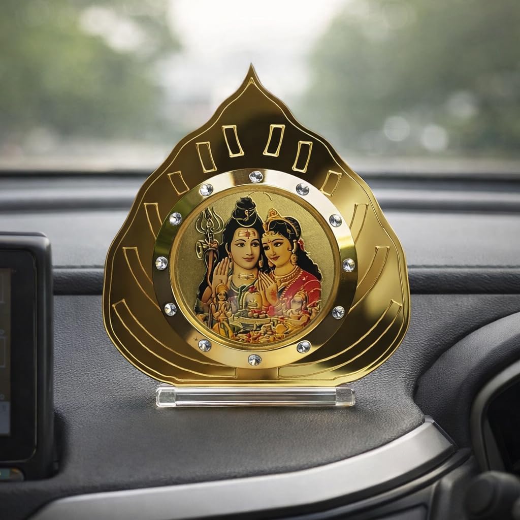 Lord Shiva Parvati Idol in Golden Leaf for Car Dashboard Showpiece Décor Office Table, Home, Mandir Idol Statue Pillar