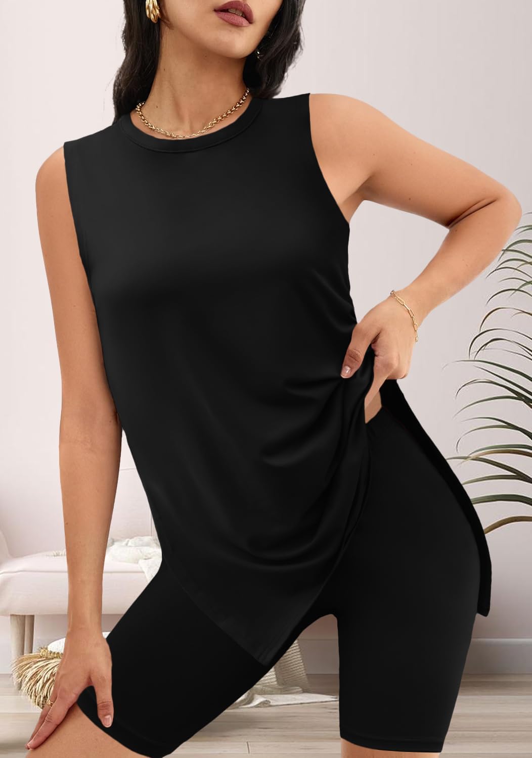 Women Two Piece Short Set Summer Sweatsuit Beach Outfits Sleeveless Tunic Top and Shorts Lounge Set - Image 2