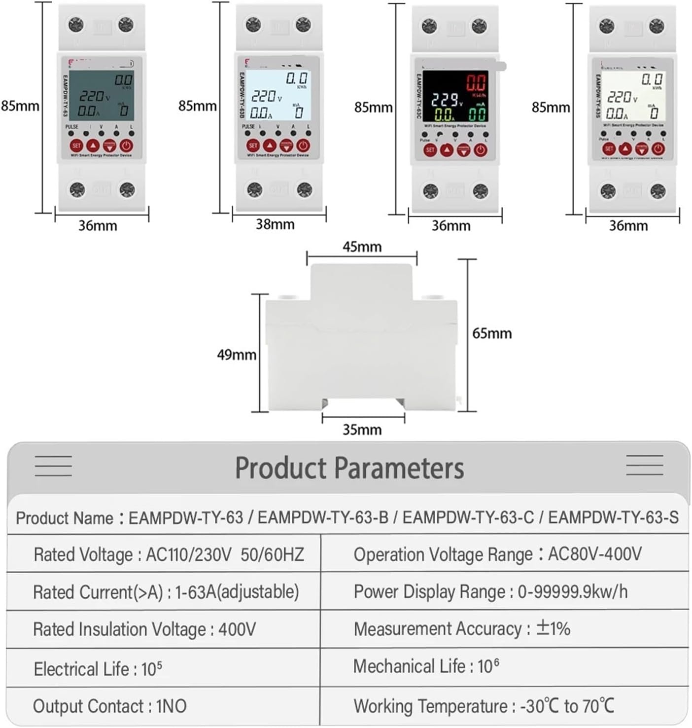 Diagram showing the dimensions of various models of the Smart Energy Meter and a table of product parameters.