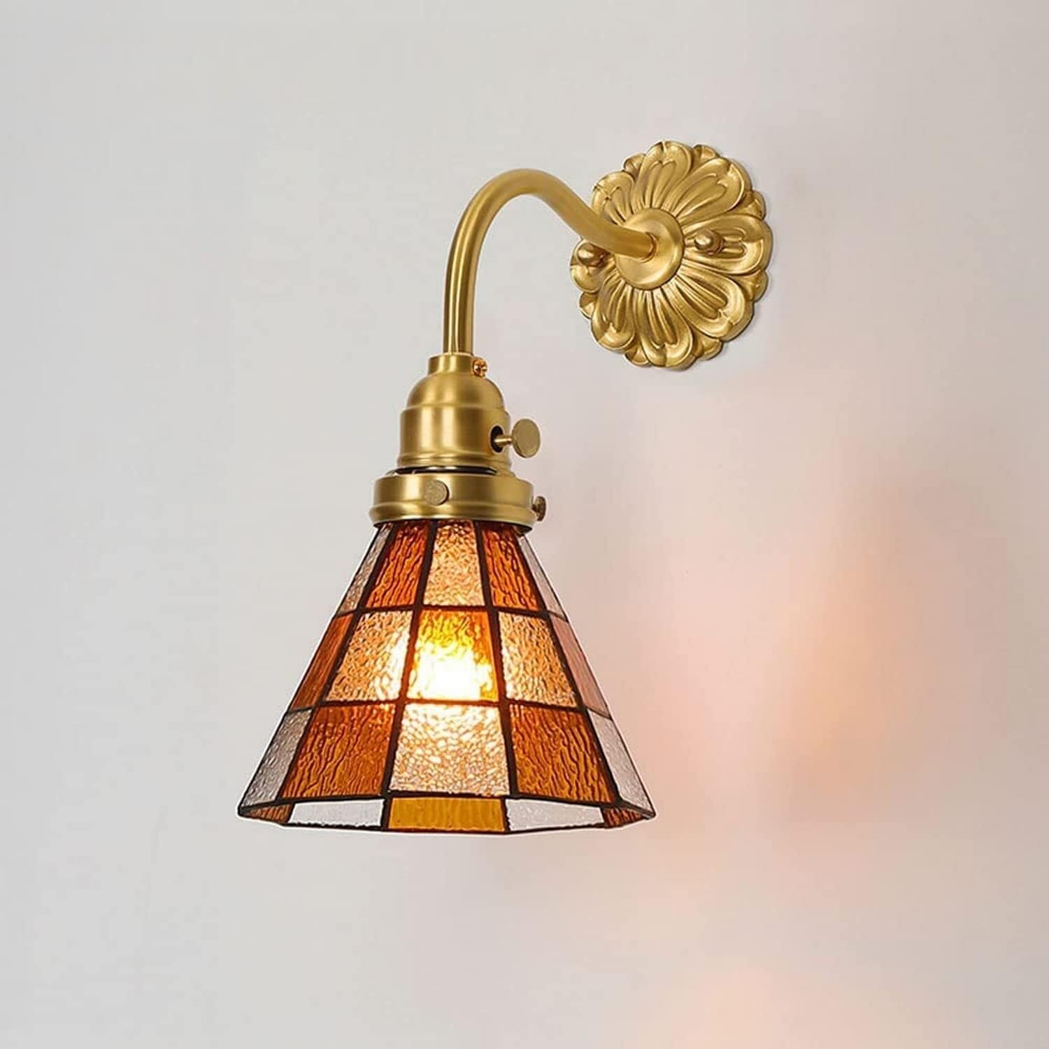 SMCCYYSD Brushed Brass Wall Lighting with Switch Glass Shade E27 Sconce Japanese Bedside Study Reading Lights Bathroom Vanity Lamps, Pendant Light