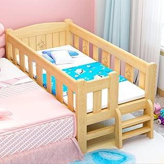 LITFAD Solid Wood High Kids Bed Natural Slat Bed with Detachable Guardrails Boy Single Bed Girl Princess Bed - 4 Guardrails Children's Bed with Mattress 28" W x 59" L