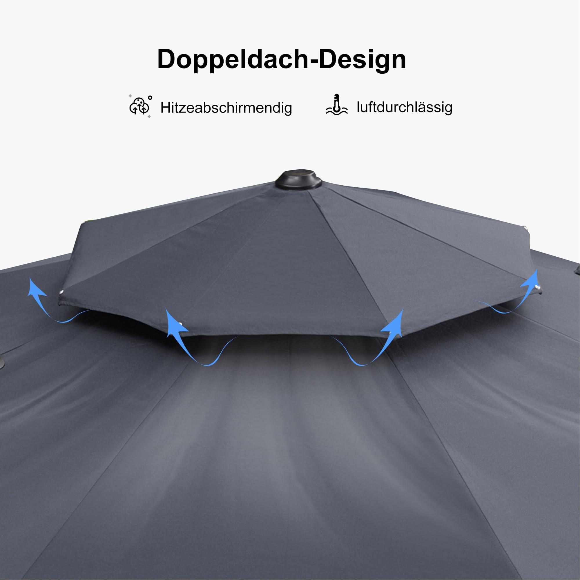 PURPLE LEAF Ampelschirm Rund 330 cm mit Ständer, Bespannung Polyester, Grau | 6-fach Verstellbar, Sanfte 360°-Drehung, Schirmständer, Doppeldach-Belüftung, Stabiler Rostfreier Alurahmen, Ampelschirm