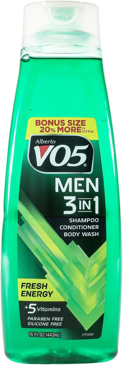 Men 3 in 1 Fresh Energy - 3 in 1 Shampoo Conditioner and Body Wash - With 5 Oils and 5 Vitamins - Fresh, Long Lasting Scent - 15 oz