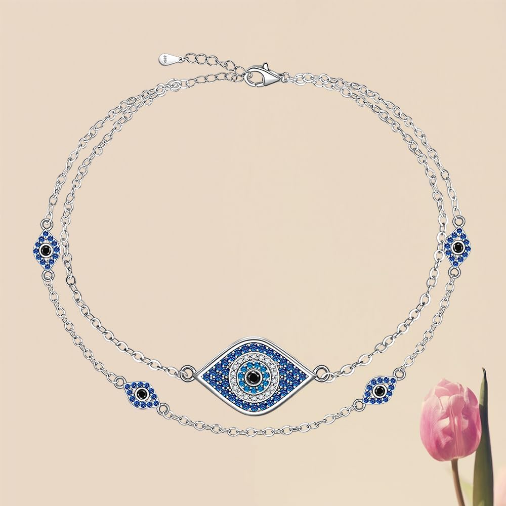 Fenthring Evil Eye Anklet Sterling Silver Blue Evil Eye Anklets for Women Ankle Bracelets Greek Protection Blue Eyes Jewelry Layered Christmas Gifts - Image 8