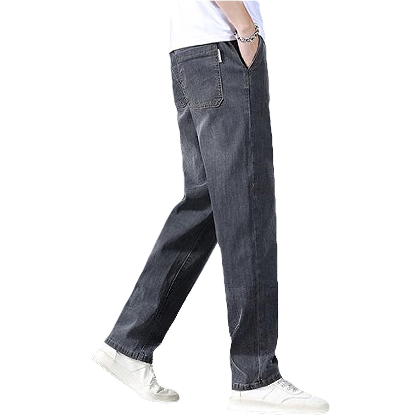 Homme Été Jean en Lyocell Fin et Léger Pantalon en Denim à Taille Élastique et Coupe Droite avec Cordon de Serrage